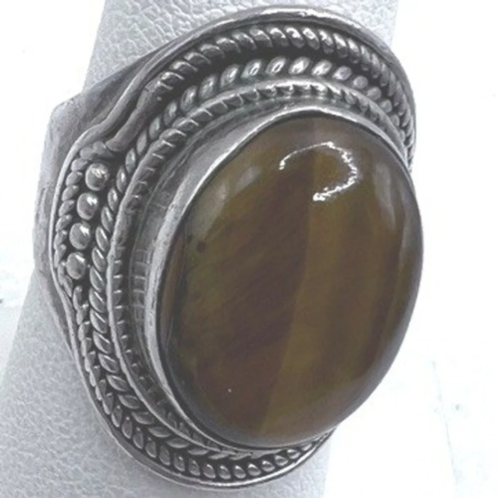 Vtg Sterling Silver 925 Tigers Eye Gemstone Ring Size 7‎ Unisex Artisan Made 10g